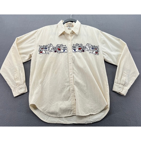 Ultra Club Tops - VTG Ultra Shirt Womens Cream Cotton Cat Embroidered Button Down Sz Large